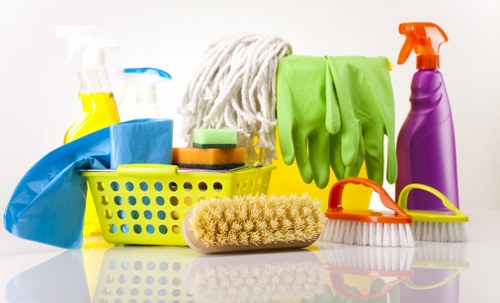 Cleaning professional working in a W10 office reception area