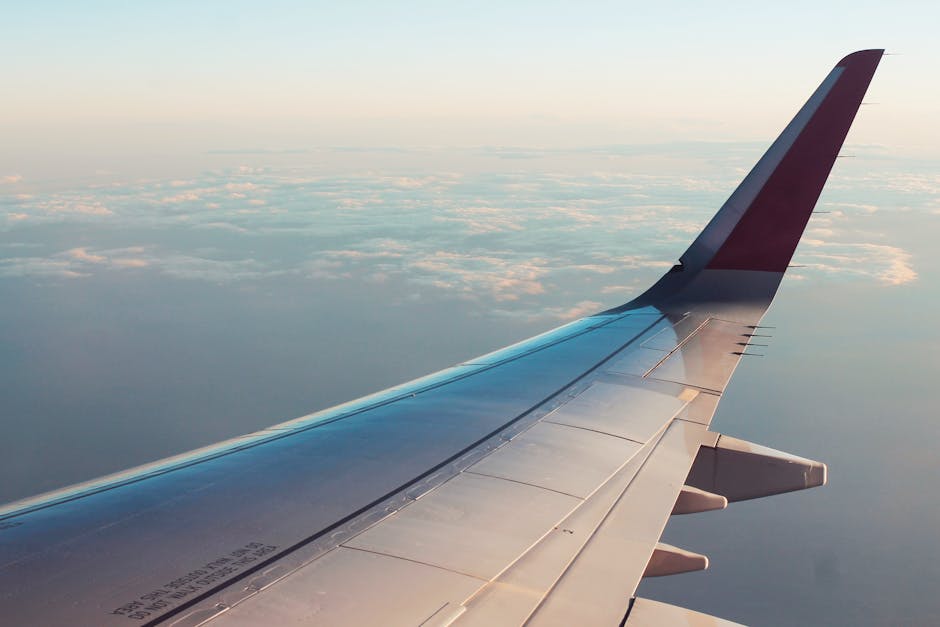 Photograph taken from an airplane window showing the metallic wing extending outward with a red and white wingtip, set against a backdrop of a partly cloudy sky at high altitude. The wing surface appears smooth and clean, reflecting sunlight, with visible panels and rivets. The window frame is not visible, emphasizing the exterior aircraft structure during flight. The scene conveys a sense of height and the vastness of the sky, with soft cloud layers below and a gentle gradient of pale blue and pink hues as the sun begins to set or rise. This image highlights the importance of maintaining cleanliness and inspection during aircraft surface sanitisation and routine deep cleaning procedures, as part of aviation maintenance and hygiene practices, in line with industry standards for safety and hygiene management.